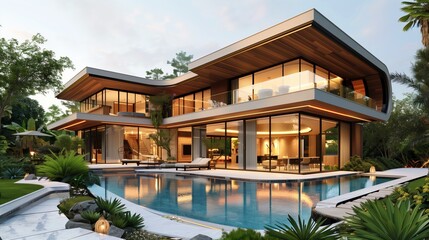 Fototapeta premium Luxurious tropical villa, modern design with a pool surrounded by lush greenery