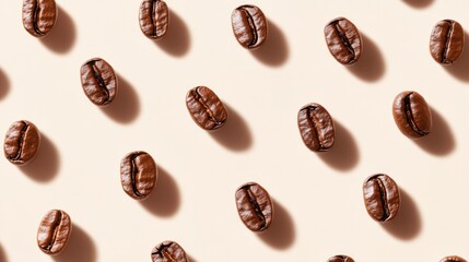 Arabica coffee beans arranged in a pattern, creating a visually appealing composition for a gourmet coffee brand.
