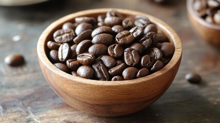 Fototapeta premium Arabica coffee beans in a wooden bowl, emphasizing their premium quality and natural appeal.