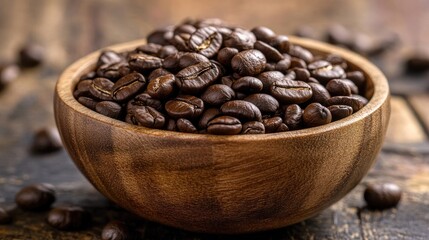 Naklejka premium Arabica coffee beans in a wooden bowl, emphasizing their premium quality and natural appeal.