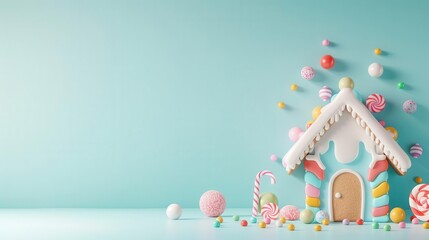 A gingerbread house with a candy roof, pastel background