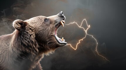 Obraz premium A roaring bear with an outline of a continent behind it, symbolizing financial instability or market volatility.