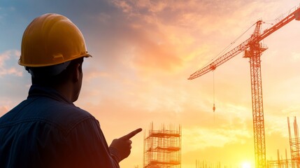Construction worker in hard hat overlooking a construction site with a crane at sunset.