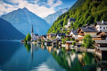Fototapeta premium Stunning Lakeside Village Nestled in the Mountains with Scenic Reflections in the Water