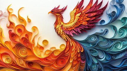 Obraz premium Intricate paper cutout of a majestic phoenix rising from flames, with elaborate feather details and a vibrant color gradient