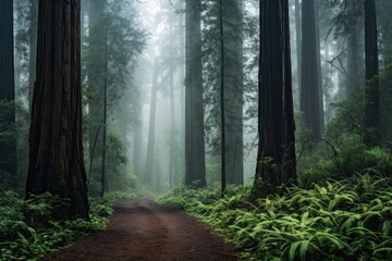 Obraz premium Enchanted Path Through a Misty Forest: A Journey into Nature's Serenity and Mystery