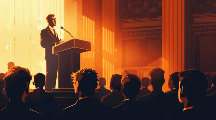 A male politician delivers a speech to an audience against the backdrop of a sunset