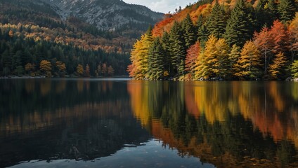 Fototapeta premium A calm lake with a mountain in the background.