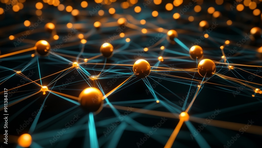 Poster an abstract network with nodes and lines on a dark background that represents concepts such as techn