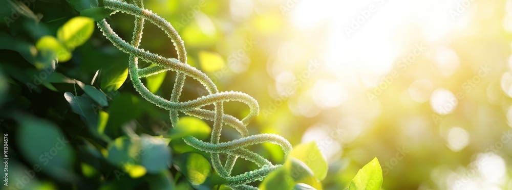 Sticker the dna of a plant is shown against the background of green leaves.