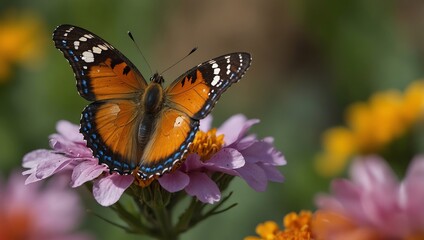 a butterfly with orange, black, and white wings perched on a pink flower