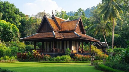 Fototapeta premium A charming image of a traditional Thai house with a high-pitched roof and open-air pavilion, perfect for cultural and travel themes.