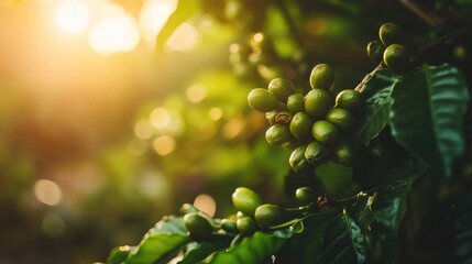 A close-up of coffee beans on a green coffee plant, highlighting the journey from plant to cup.