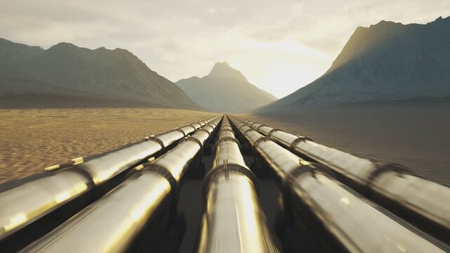 Five Streams Of A Pipeline With Heatpipes Running Through A Beautiful Scenic Foggy Desert With Vast Mountains In The Background Fuel Travelling Through A Pipe System Supplying Petroleum