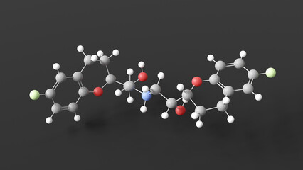 nebivolol molecule 3d, molecular structure, ball and stick model, structural chemical formula beta blocker