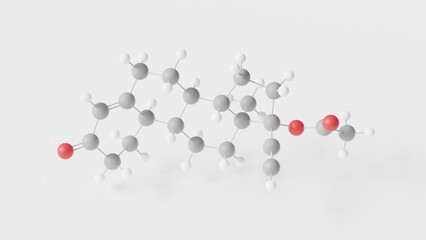 norethindrone acetate molecule 3d, molecular structure, ball and stick model, structural chemical formula progestin medication