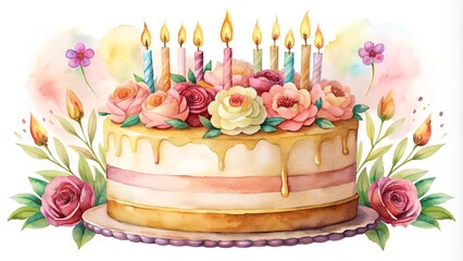 A Century of Celebration: A Watercolor Cake with 100 Candles  Generative AI