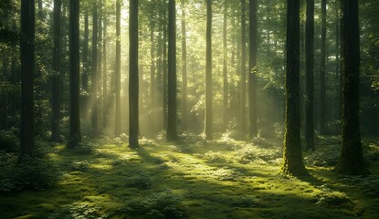 Obraz premium Sunlight filtering through tall trees in an ancient forest, creating dappled light on the lush green moss-covered ground.