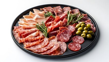 A black plate with various meat and ham slices arranged in an elegant pattern, accompanied by olives on the side. 