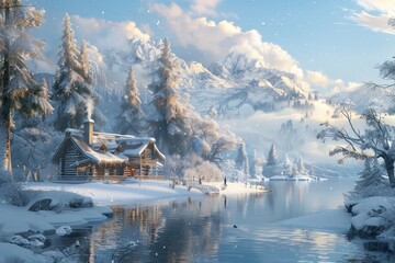 Fototapeta premium Snowy Winter Scene with Cabins Trees and Playful Snowmen