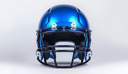 A blue football helmet with no face mask, on a white background, viewed from the front, in a hyper-realistic style for product photography.