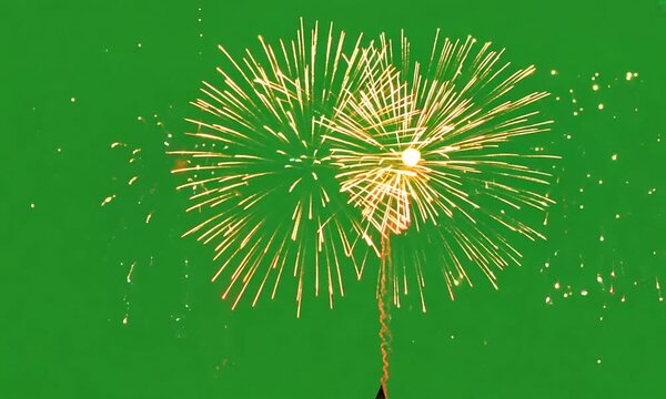 Fireworks as they fly into the sky and explode on green screen. Generative AI