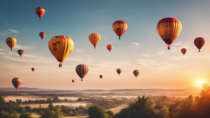 hot air balloons flying over a landscape with a sunset background.