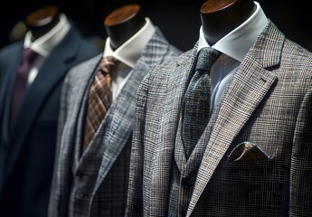 A close-up shot of men's fashion on display in the store, showcasing an elegant suit and tie with checkered pattern details. The focus is sharp on the fabric textures and patterns, 