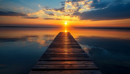 Fototapeta premium A wooden pier leading into the calm waters , with a beautiful sunset in the background. The water reflects both the sky's and sun's colors, creating an enchanting scene.