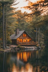 Fototapeta premium Charming log cabin at sunset by a serene lake with warm lights glowing in the forest