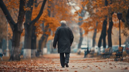 Lonely Old Man in Park Walking
