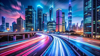 Fototapeta premium Neon Dreams: A Symphony of Light and Motion in a Futuristic Cityscape Generative AI