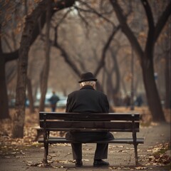 Fototapeta premium Lonely Old Man with Hat in Park