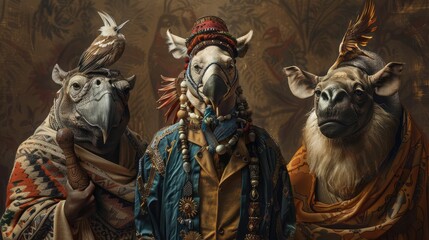 Four anthropomorphic animals standing in a row