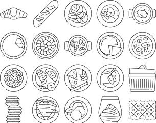 french cuisine food meal icons set vector. lunch dinner, delicious tasty, gourmet snack, dish cooking, fresh, healthy, kitchen french cuisine food meal black contour illustrations