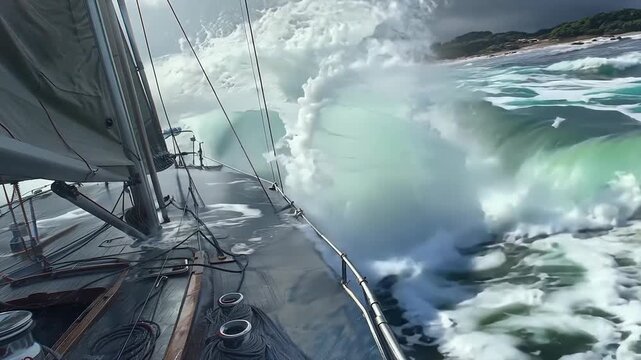 Sailing stormy sea waves gloomy skies