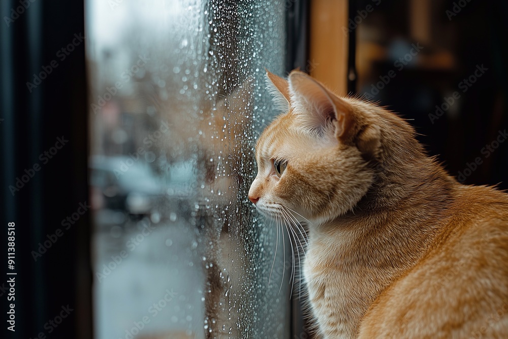 Wall mural a cat looks out into the street through a rain-wet window