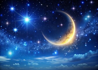 Naklejka premium Serene night sky with a majestic crescent moon shining brightly amidst a million twinkling stars, against a deep blue velvety background of infinite darkness.