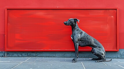 Black Greyhound Dog Sitting in Front of a Red Wall