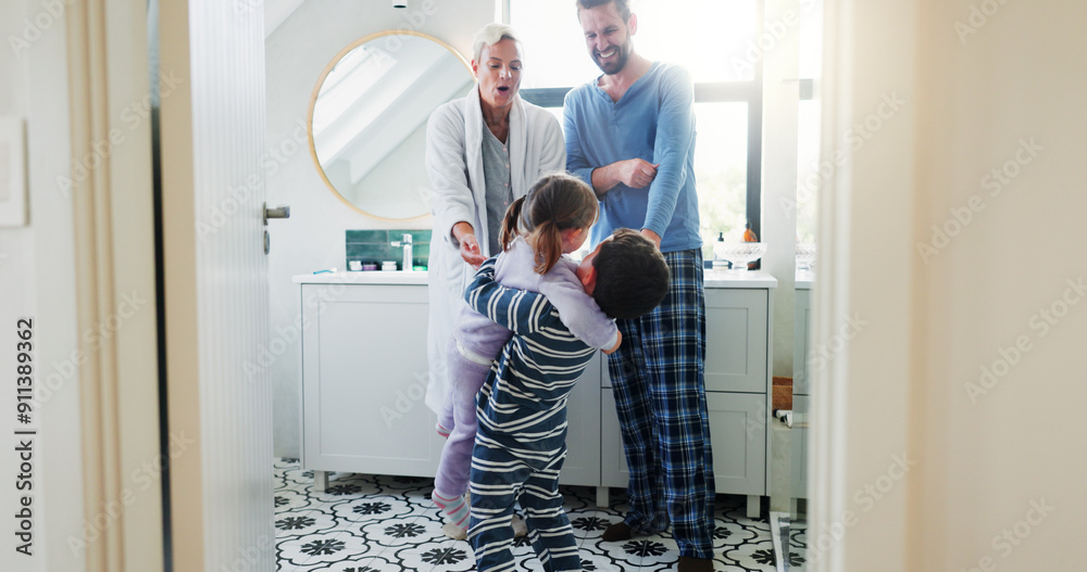 Canvas Prints Parents, children and embrace with love in bathroom by holding hands, bonding together and morning routine. Smile, family and kids with hug for development support, trust and care at house