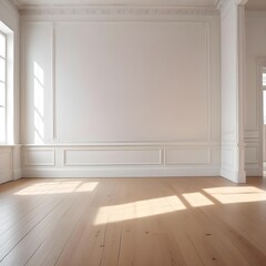 White walls with classic style mouldings and wooden floor empty room interior