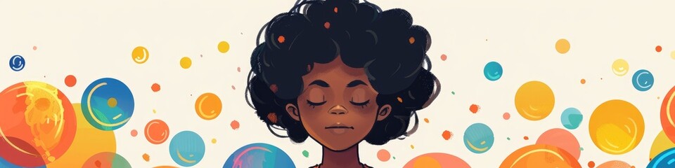 Animated black child with colorful thought bubbles whimsical cartoon style youthful and playful ideal for children s book