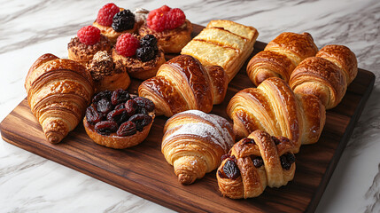 Fototapeta premium Assorted pastries including croissants, pain au raisin, and brioche on a wooden board