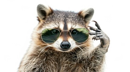 Funny raccoon in green sunglasses showing lonely rock expression.