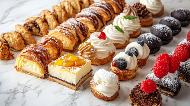 Assorted pastries including mille-feuille, cannoli, and profiteroles on a marble background