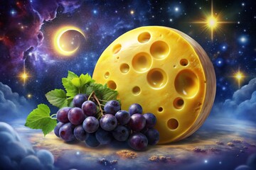 Fototapeta premium Vibrant yellow cheese moon glows brightly in starry night sky, crater details replaced with melted swirls, surrounded by orbiting grapes and twinkling lights.
