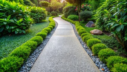 Obraz premium Serene landscaped concrete path with neatly arranged gravel edge passes through lush greenery, showcasing a peaceful and inviting outdoor garden atmosphere.