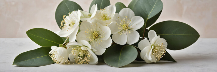 Obraz premium High quality, mock up wedding card with eucalyptus and white flowers and free space 