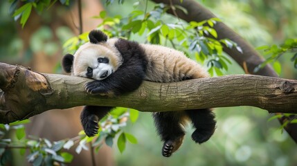 Obraz premium Lazy panda lying on a branch, wild animals of China