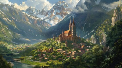 Building concept, architecture, painting, landscape, medieval valley